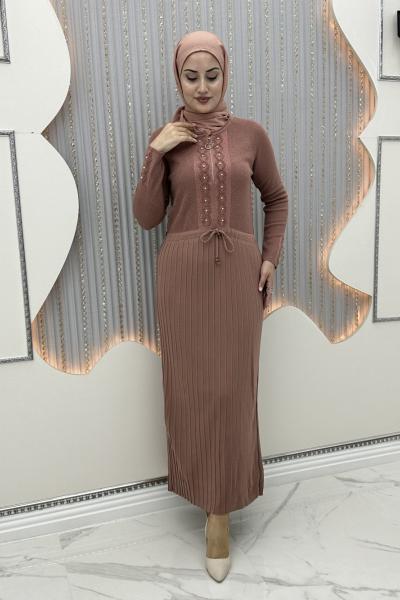 Asır Önü Fermuarlı Elbise Pudra