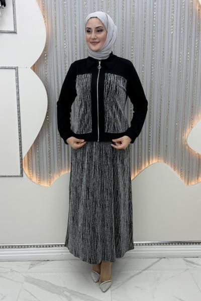 Deste Elbiseli Hırka  Açık Gri