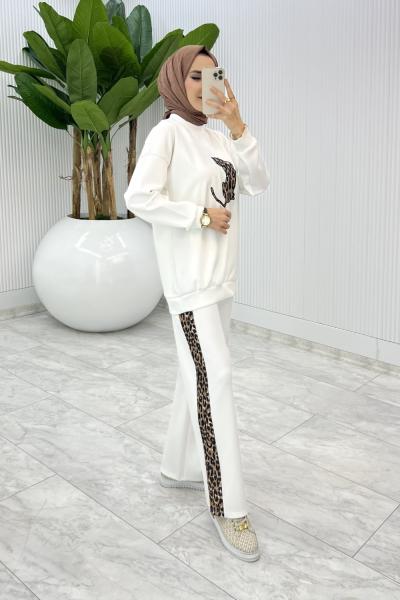 Beyaz Leoparlı Scuba Takım Tesettür Giyim