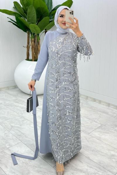 Gri Bihter Tasarım Elbise  Tesettür Giyim