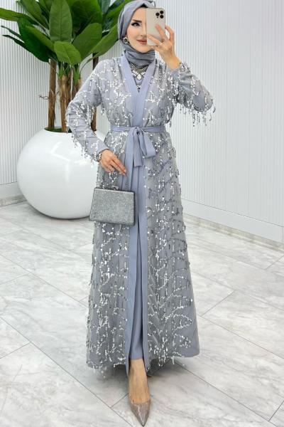 Gri Karen Tasarım Abaya Takım Tesettür Giyim