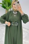 Haki Premium Silva Tulumlu Abaya Takım Tesettür Giyim