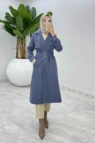 İndigo Premium Astarlı Eylem Trench Tesettür Giyim