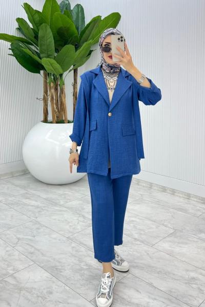 İndigo Tek Düğme Ceket Takım Tesettür Giyim