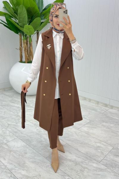 Kahve Broşlu Ala Yelek Takım Tesettür Giyim