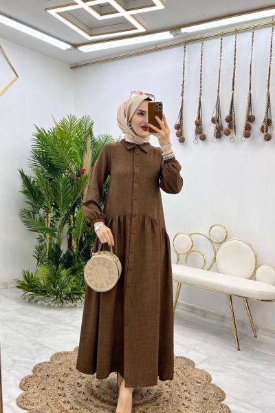 Kahve Yaren Keten Elbise Tesettür Giyim