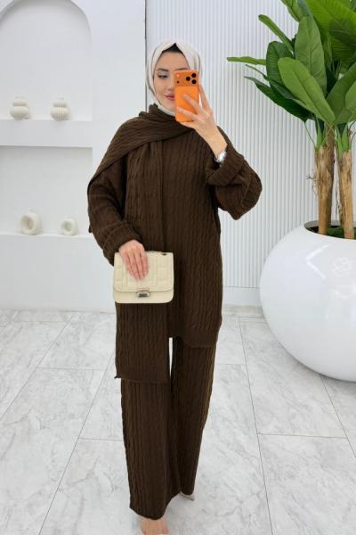 Kahverengi Premıum Atkılı Triko Takım Tesettür Giyim
