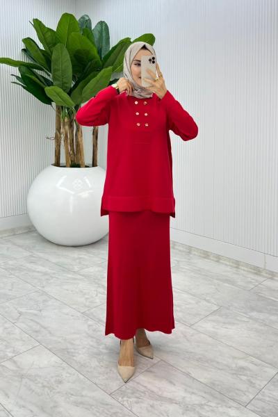 Kırmızı Premium Asiye  Triko Etek Takım