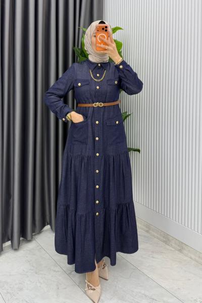 Lacivert Kemerli Eslem Kot Elbise Tesettür Giyim