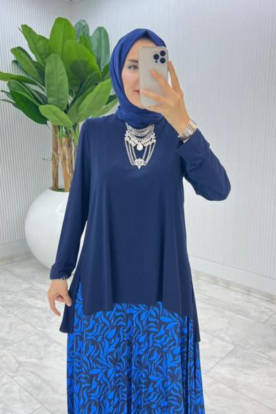 Lacivert Su Damlası Etek Takım Tesettür giyim