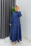 Mavi  Kemerli Eslem Kot Elbise Tesettür Giyim