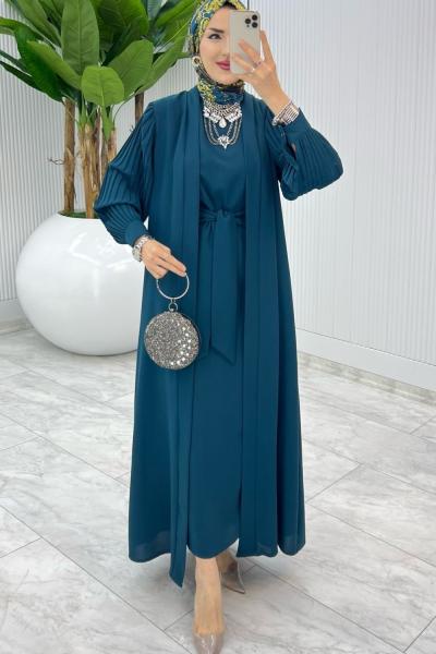 Petrol Premıum Melek Abaya Takım Tesettür Giyim