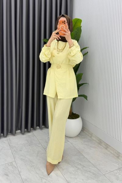 Sarı Premium Kemerli Gözde Takım Tesettür Giyim