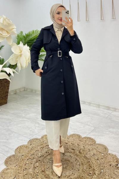 Siyah Buğlem Trench Tesettür Giyim