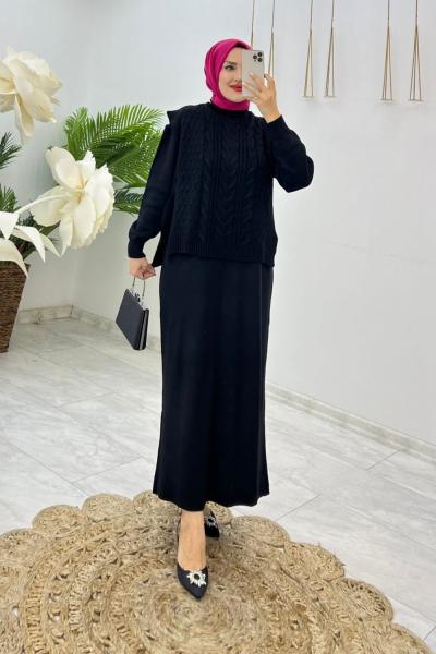 Siyah Damla Triko Elbise Takım Tesettür Giyim