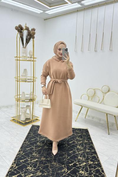 Vizon Şardonlu Kapşonlu Elbise Tesettür Giyim