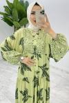 Yeşil Yaprak Desen Elbise Tesettür Giyim