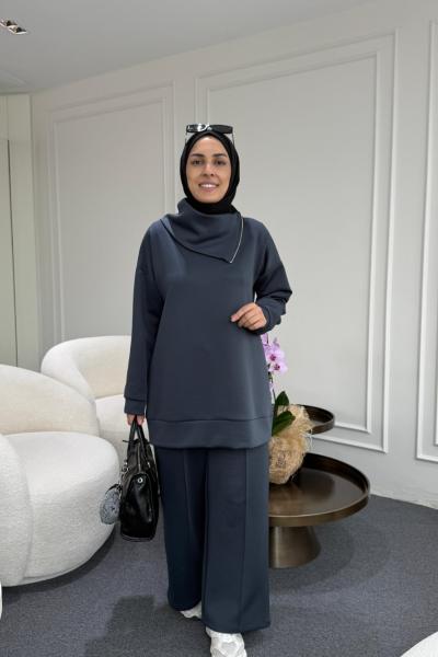 Asimetrik Yaka Scuba Takım Füme