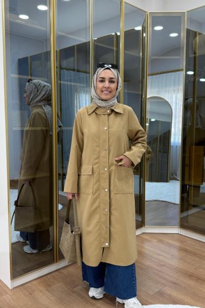 Çıtçıtlı Detaylı Parka Trençkot Camel