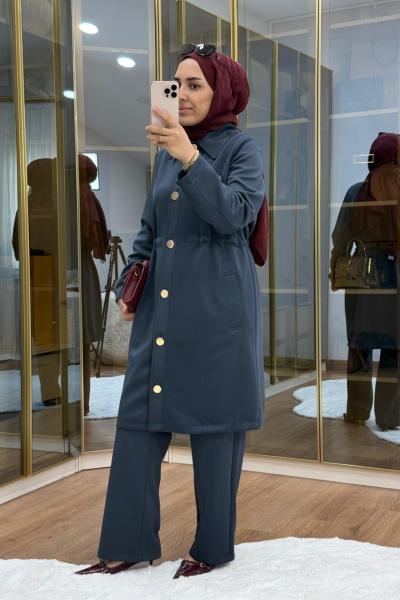 Gold Düğmeli Beli büzgülü Scuba Takım Füme