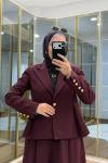 Pile Detaylı Ceket Etekli Takım Bordo
