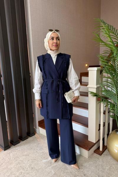 Püskül Detay Yelek Takım Lacivert