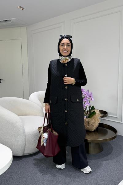 Uzun Kapitone Yelek Siyah