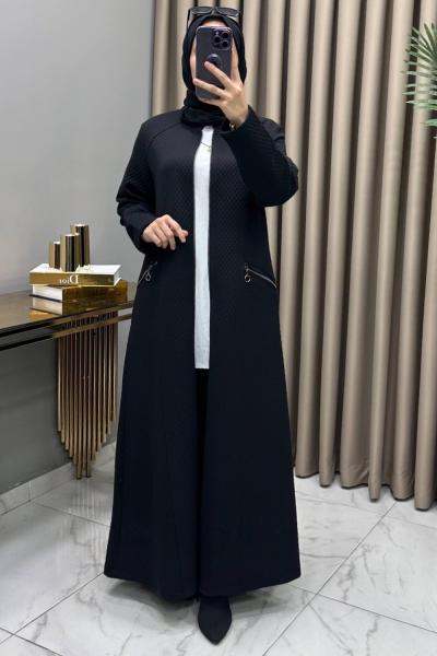 İkbal Yün Kapitone Ferace Kaban Siyah