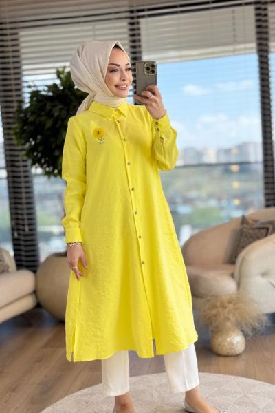 01-1294 Ön Düğmeli Uzun Tunik Sarı