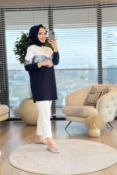 01-1297 Orta Ve Kolu Payet Detaylı Tunik Ekru Siyah