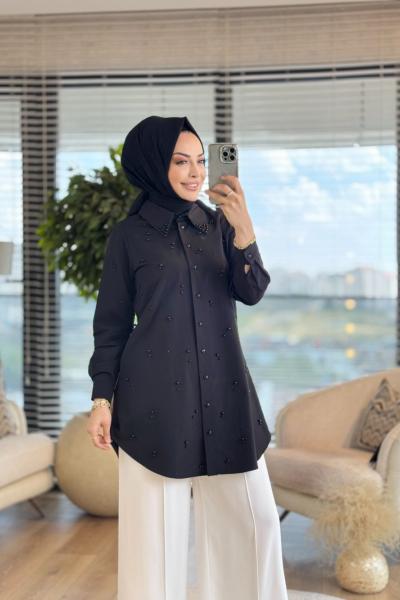 01-1323 Ön Ve Yaka Serpme İnci İşli Gömlek Siyah