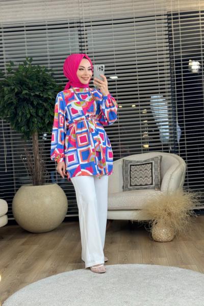 02-2062 Renkli Geometrik Desen Takım İndigo Ekru