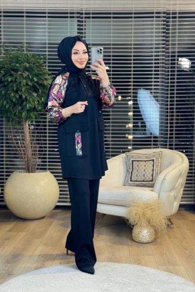 02-2221 Omuz Ve Kolları Kapitone Desenli Takım Siyah