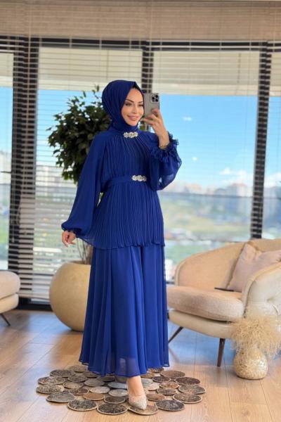 02-2482 Ön Pilise Yaka Taşlı Takım Saks