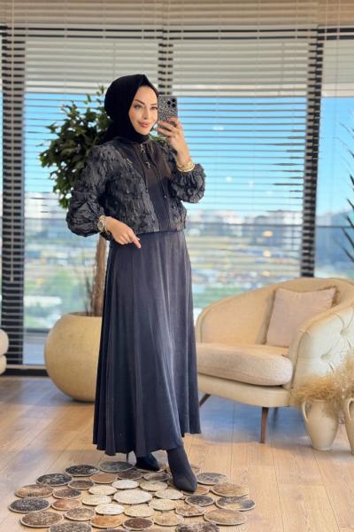 02-2648 Kabartma Desenli Kapşonlu Fermuarlı Takım Siyah