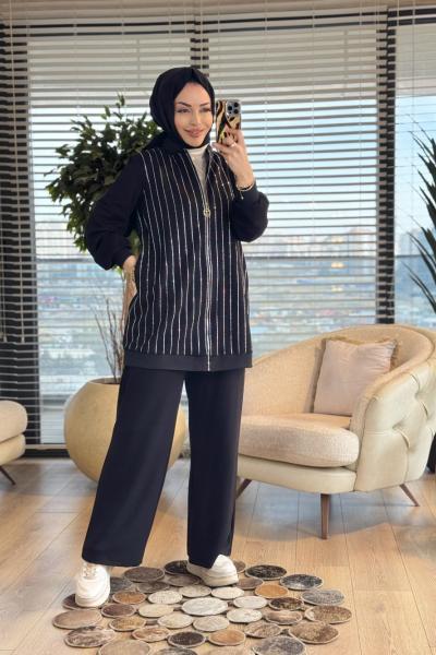 02-2726 Ön Boyuna Taş Baskılı Takım Siyah