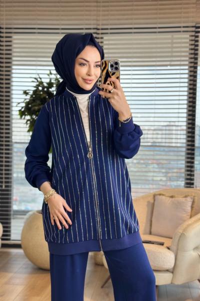 02-2726 Ön Boyuna Taş Baskılı Takım Lacivert