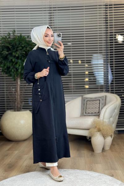 04-1414 Cep Üstü Şeritli Fermuarlı Kap Siyah