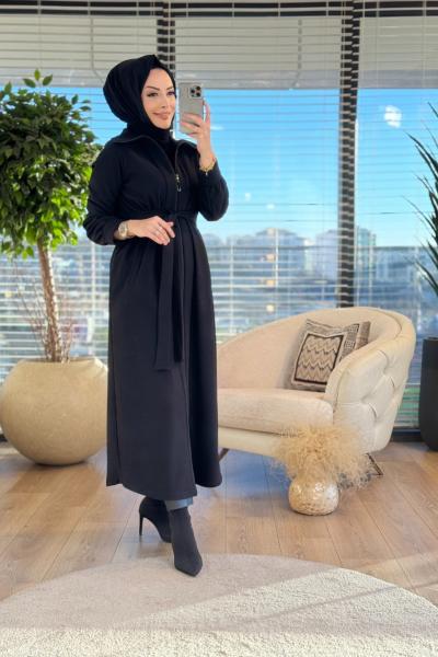 04-1455 Boyuna Fitilli Fermuarlı Kap Siyah
