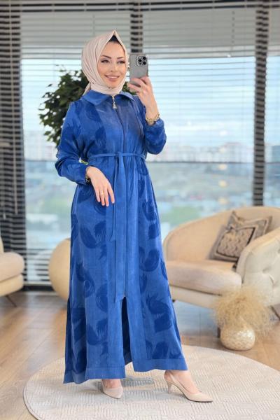 05-1166 Kendinden Desenli Fermuarlı Ferace Lacivert