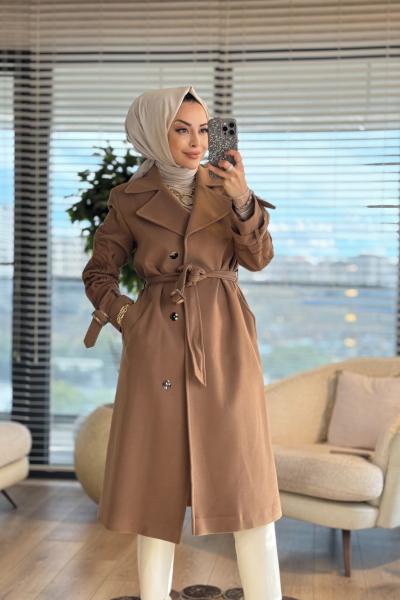 06-1125 Kolları Nakışlı Kaşe Kaban Camel