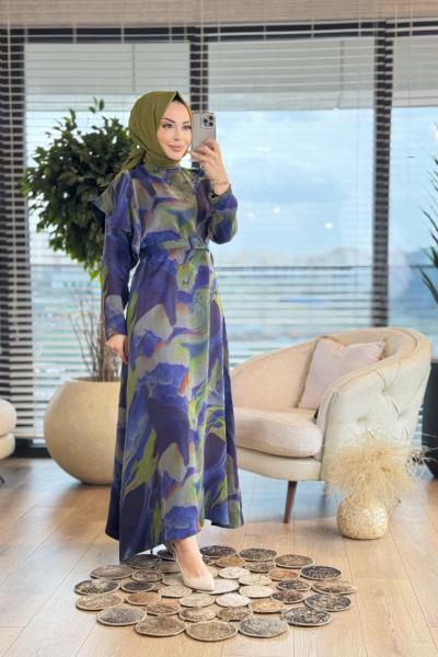 08-1670 Batik Desen Sol Omuz Fırfırlı Elbise Lacivert