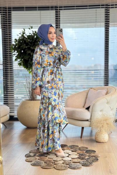08-1701 Fırça Çiçek Desenli Elbise İndigo