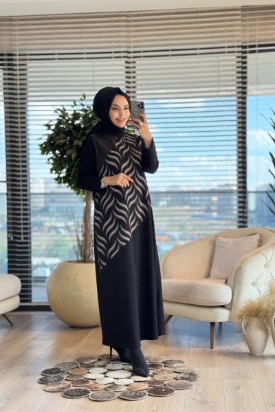 08-1744 Ön Desen Ve Deri Parçalı Elbise Siyah