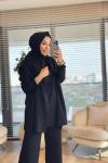 10017 Kolları Düğmeli Şallı Triko Takım Siyah