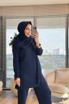 10017 Kolları Düğmeli Şallı Triko Takım Lacivert