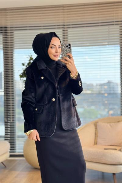 1005252 Tilki Tüylü Blazer Ceket Siyah