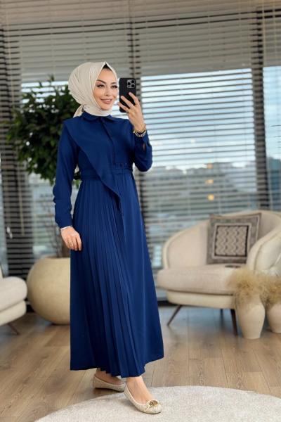 1007 Sol Taraf Piliseli Elbise Lacivert