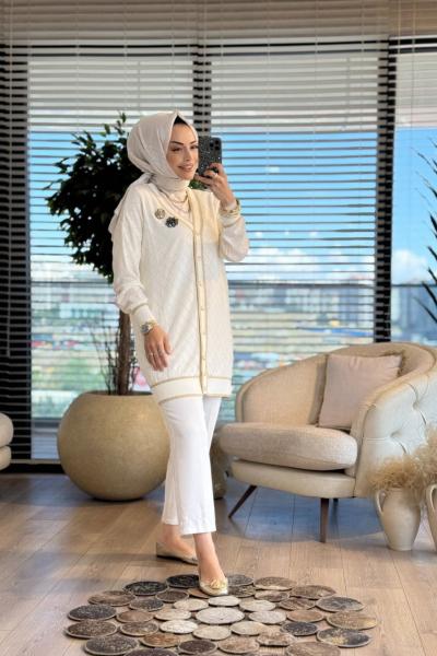 101005 Baklava Desenli Merserize Hırka Ekru