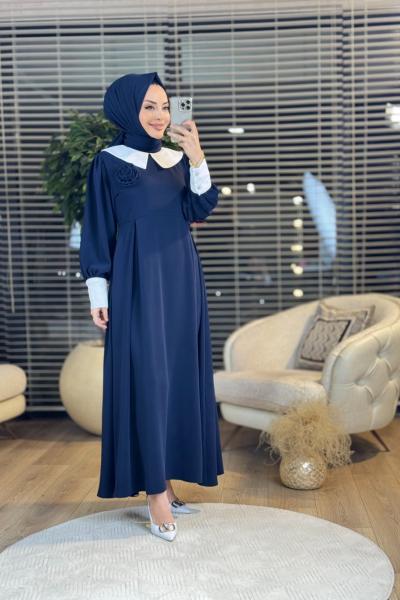 1042 Bebe Yaka Çiçek Broşlu Elbise Lacivert